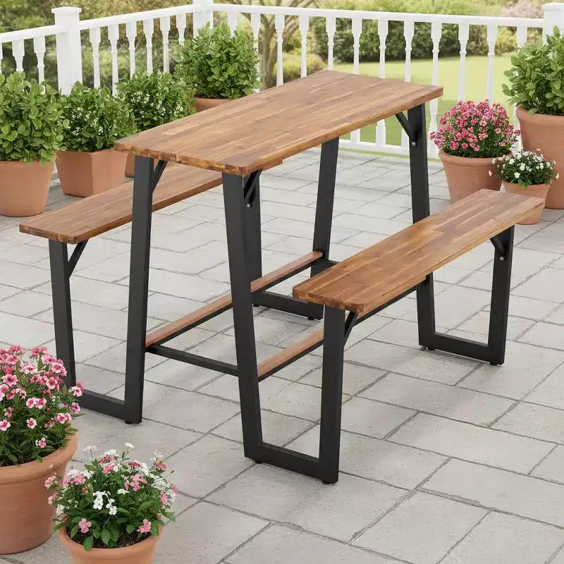 Ensemble banc de pique-nique et table de patio en bois d'acacia Gymax avec repose-pieds intégrés et pieds réglables pour des repas confortables en extérieur