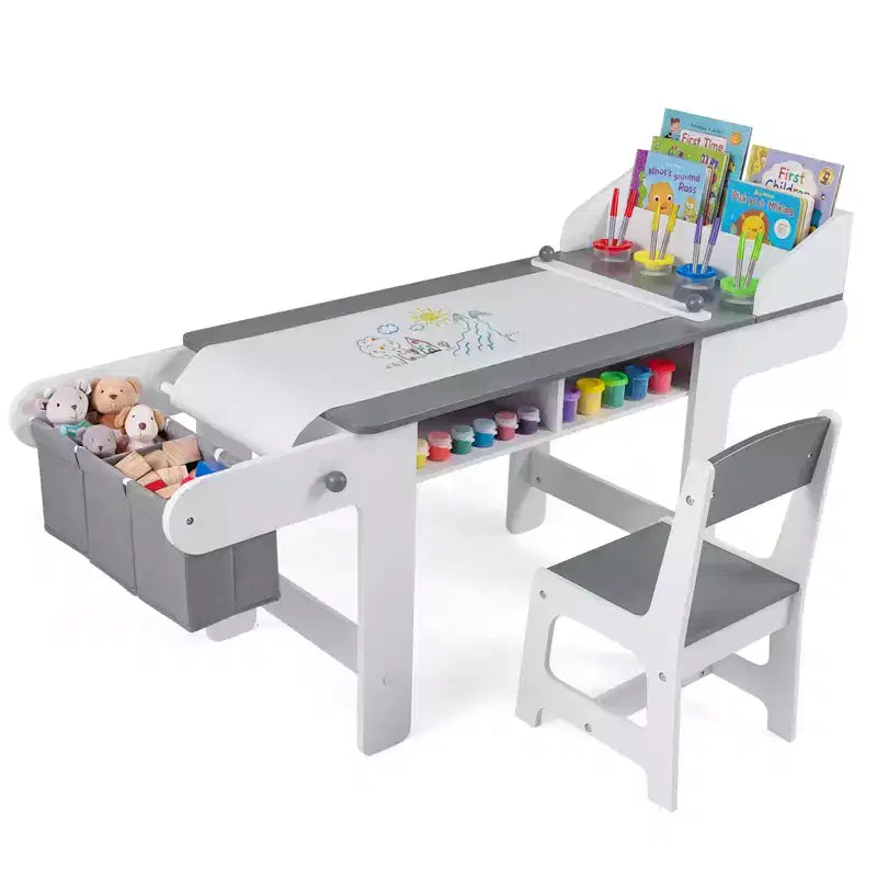 Costway Wooden Kids Art Table & Chair Set w/Paper Roll&Fabric Bins for Drawing Reading