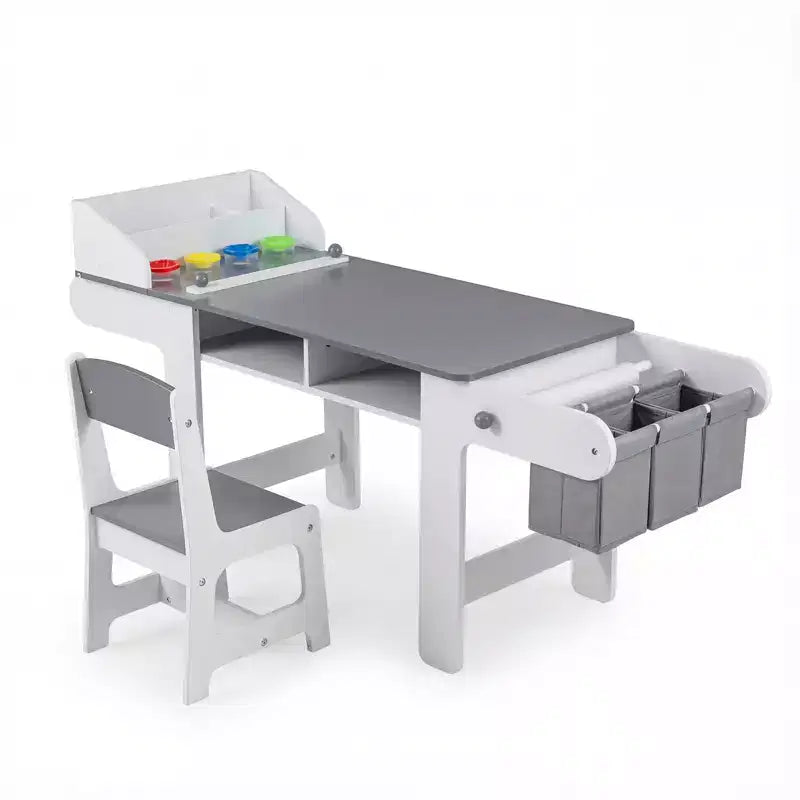 Ensemble table et chaises d'art en bois Costway pour enfants avec rouleau de papier et bacs en tissu pour dessiner et lire