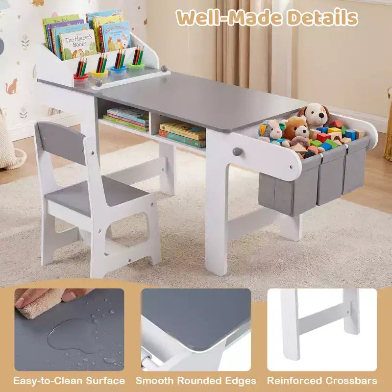 Ensemble table et chaises d'art en bois Costway pour enfants avec rouleau de papier et bacs en tissu pour dessiner et lire