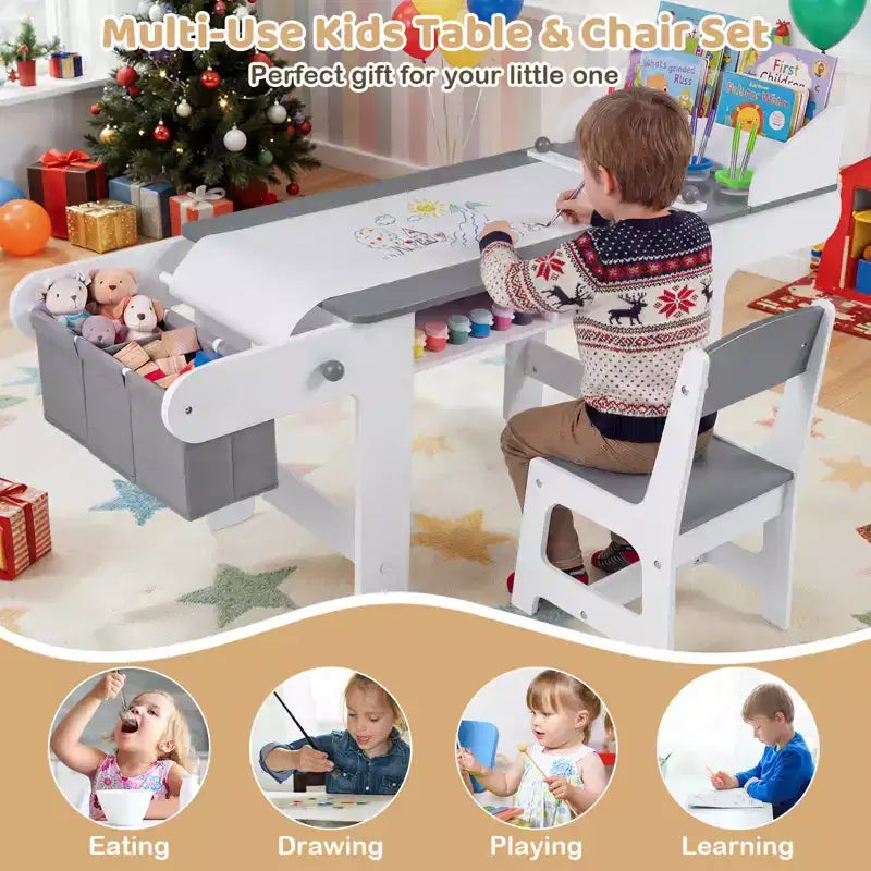 Ensemble table et chaises d'art en bois Costway pour enfants avec rouleau de papier et bacs en tissu pour dessiner et lire