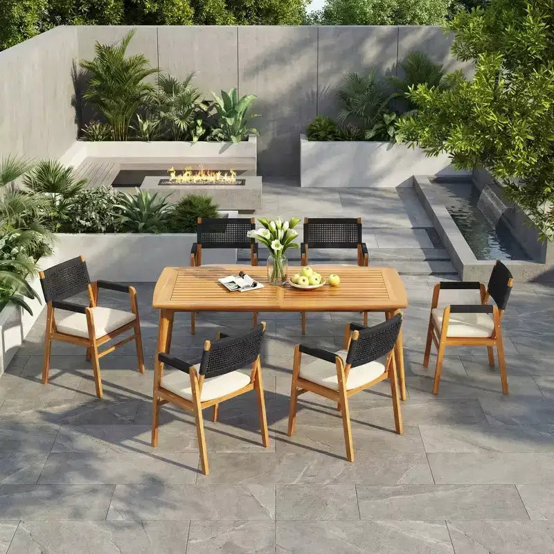 ModernLuxe Outdoor Dining Sets, Acacia Wood 7pcs Patio Conversation Chat Set with Rope-Woven Armchairs