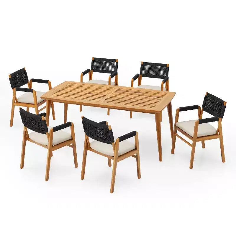 ModernLuxe Ensembles de repas d'extérieur, salon de jardin 7 pièces en bois d'acacia avec fauteuils tressés en corde