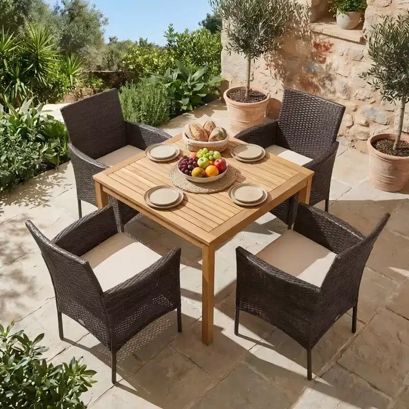 Gymax Ensemble de salle à manger extérieur 5 pièces avec table en bois d'acacia Chaises rembourrées Trou de parasol de 1,9 po pour jardin