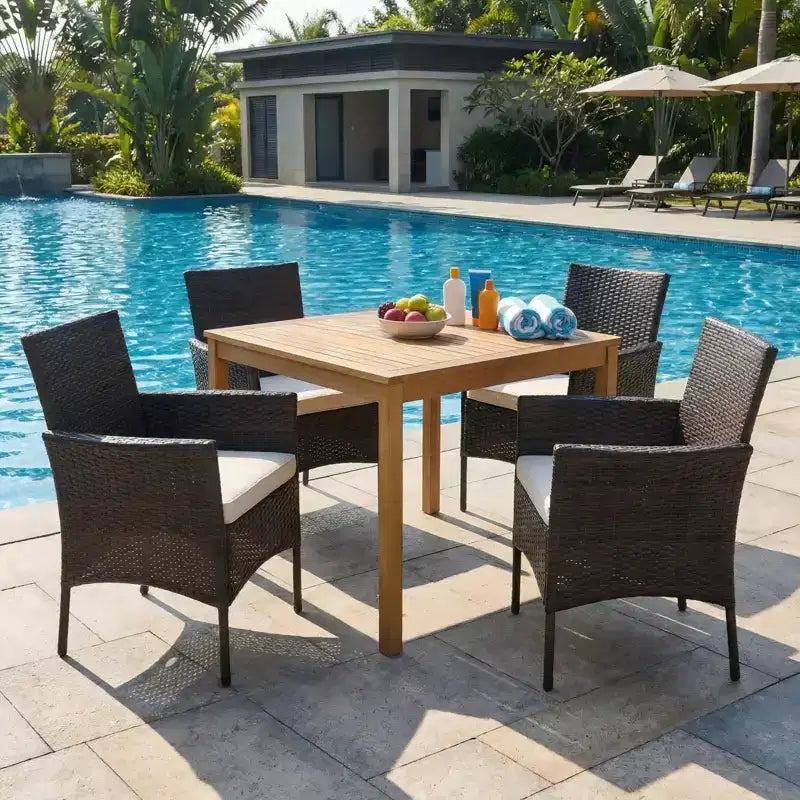 Gymax Ensemble de salle à manger extérieur 5 pièces avec table en bois d'acacia Chaises rembourrées Trou de parasol de 1,9 po pour jardin
