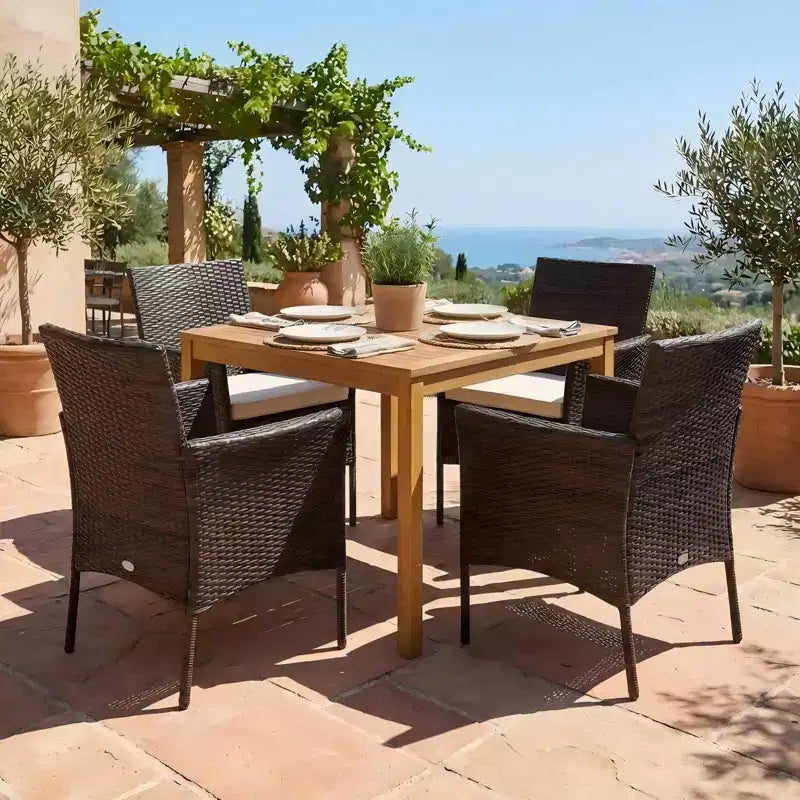 Gymax Ensemble de salle à manger extérieur 5 pièces avec table en bois d'acacia Chaises rembourrées Trou de parasol de 1,9 po pour jardin