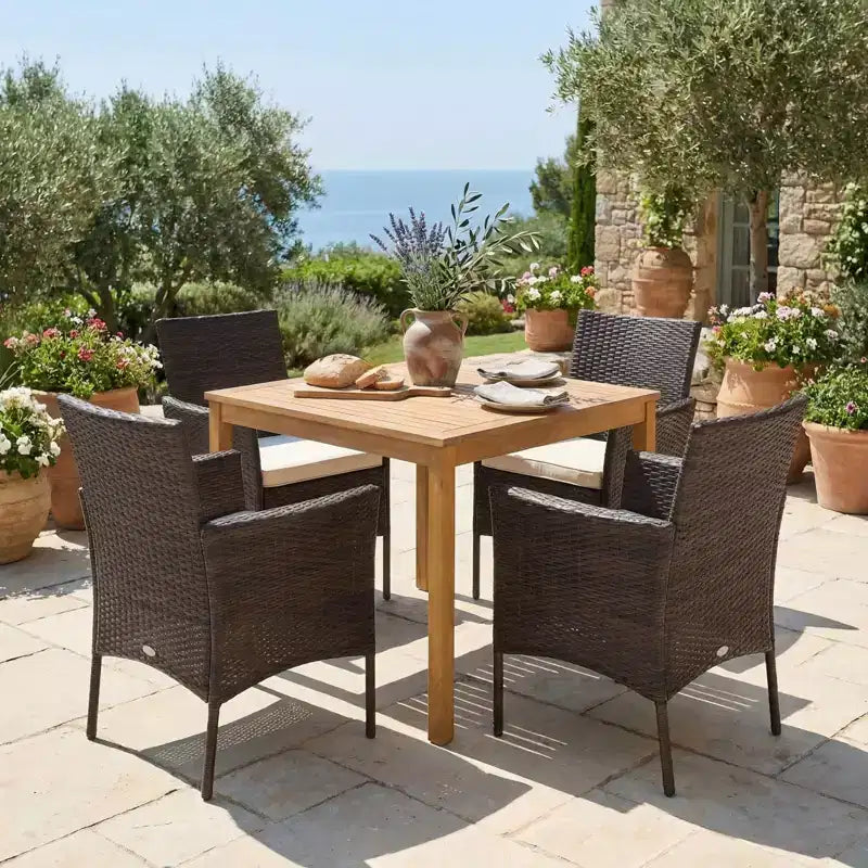 Gymax Ensemble de salle à manger extérieur 5 pièces avec table en bois d'acacia Chaises rembourrées Trou de parasol de 1,9 po pour jardin