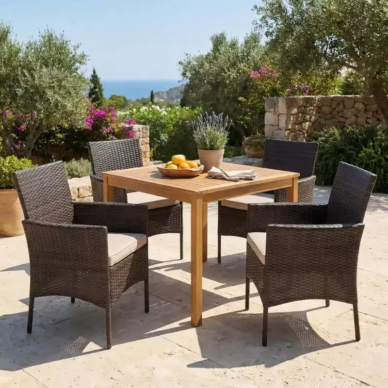 Gymax Ensemble de salle à manger extérieur 5 pièces avec table en bois d'acacia Chaises rembourrées Trou de parasol de 1,9 po pour jardin