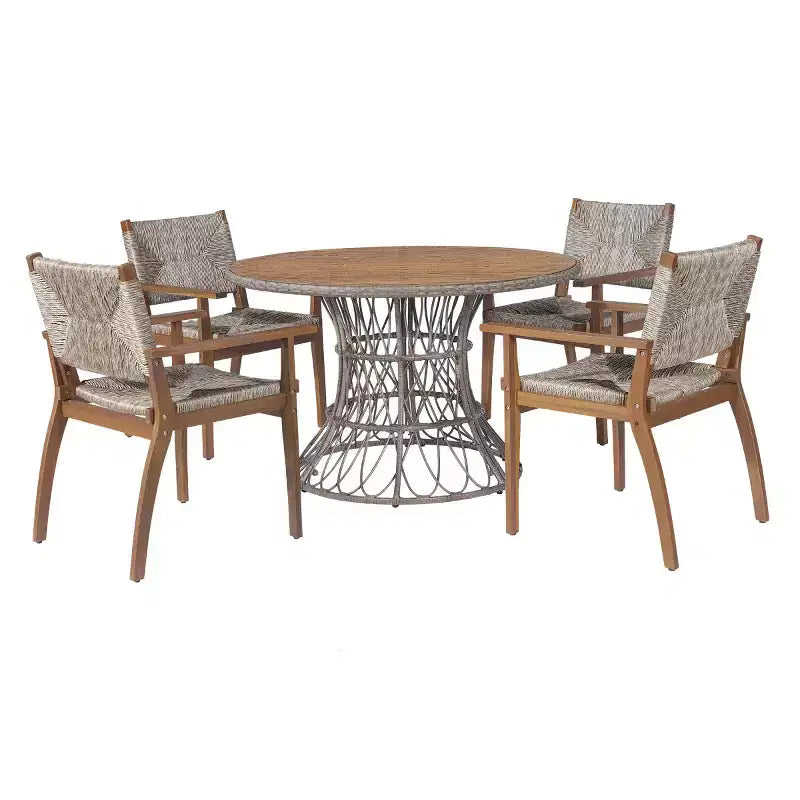 Ensemble de salle à manger d'extérieur 5 pièces avec table ronde en bois d'acacia et 4 fauteuils tressés, mobilier de jardin moderne pour terrasse, patio - Panipeachy