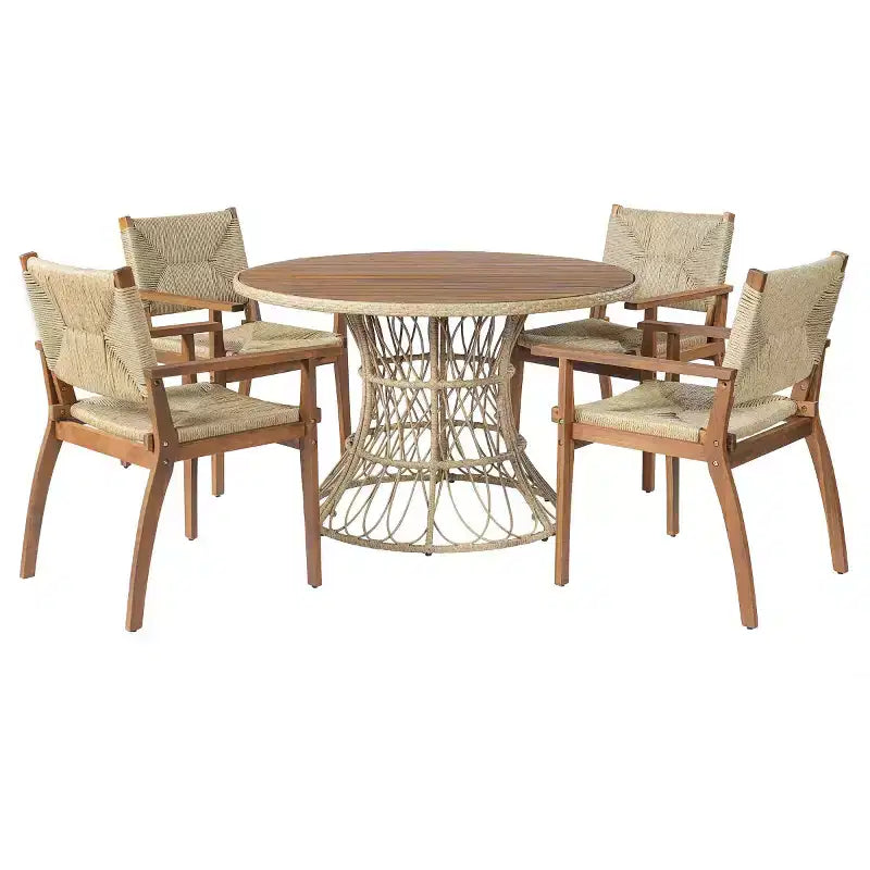 Ensemble de salle à manger d'extérieur 5 pièces avec table ronde en bois d'acacia et 4 fauteuils tressés, mobilier de jardin moderne pour terrasse, patio - Panipeachy