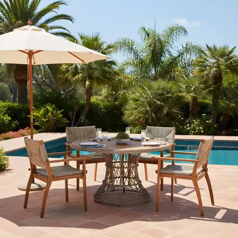 5-Piece Outdoor Patio Dining Set with Round Acacia Wood Table & 4 Woven Armchairs, Modern Garden Dining Furniture for Backyard, Deck-Panipeachy