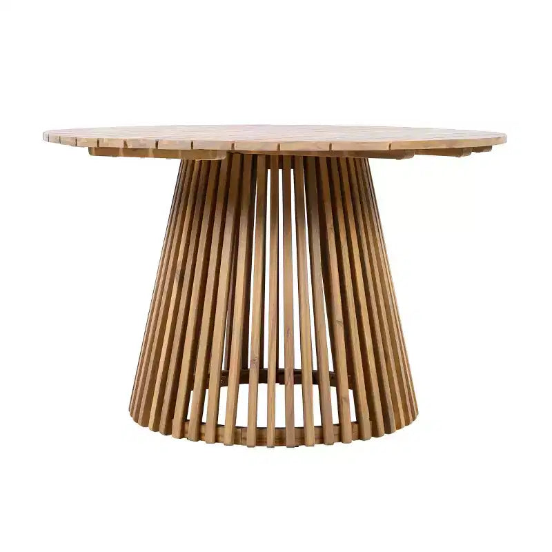 Ensemble repas d'extérieur piédestal rond 5 pièces, table en bois d'acacia avec plateau à lattes et 4 chaises à dossier tressé avec coussins pour Patio-Panipeachy