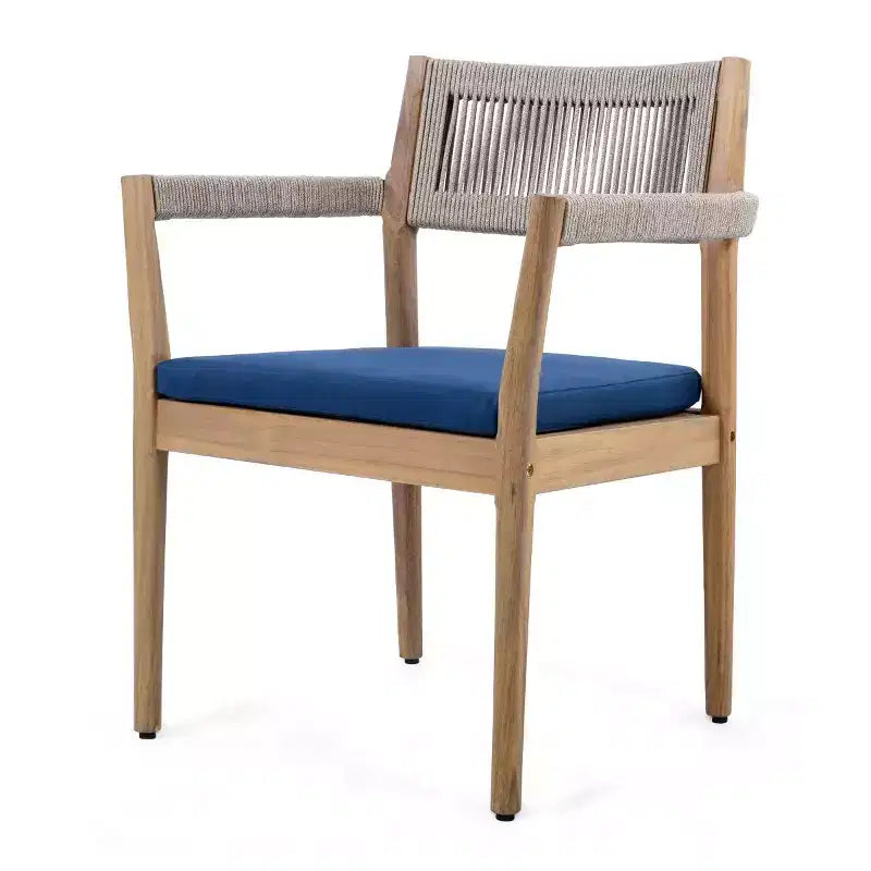 Ensemble repas d'extérieur piédestal rond 5 pièces, table en bois d'acacia avec plateau à lattes et 4 chaises à dossier tressé avec coussins pour Patio-Panipeachy
