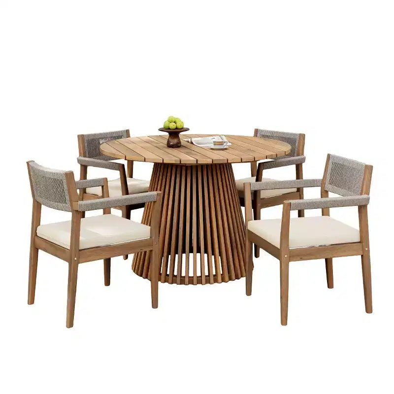 Ensemble repas d'extérieur piédestal rond 5 pièces, table en bois d'acacia avec plateau à lattes et 4 chaises à dossier tressé avec coussins pour Patio-Panipeachy