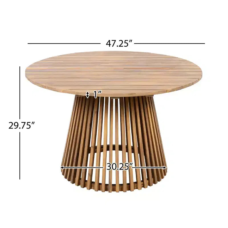 Ensemble repas d'extérieur piédestal rond 5 pièces, table en bois d'acacia avec plateau à lattes et 4 chaises à dossier tressé avec coussins pour Patio-Panipeachy