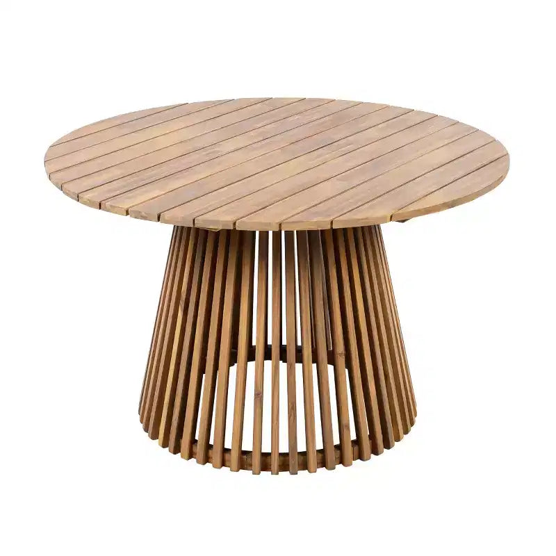 Ensemble repas d'extérieur piédestal rond 5 pièces, table en bois d'acacia avec plateau à lattes et 4 chaises à dossier tressé avec coussins pour Patio-Panipeachy