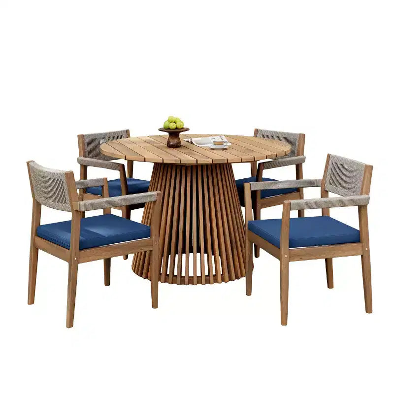 Ensemble repas d'extérieur piédestal rond 5 pièces, table en bois d'acacia avec plateau à lattes et 4 chaises à dossier tressé avec coussins pour Patio-Panipeachy