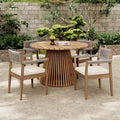 Round Pedestal Outdoor Dining Set, 5-Piece Acacia Wood Table with Slatted Top and 4 Woven Back Chairs with Cushions for Patio-Panipeachy
