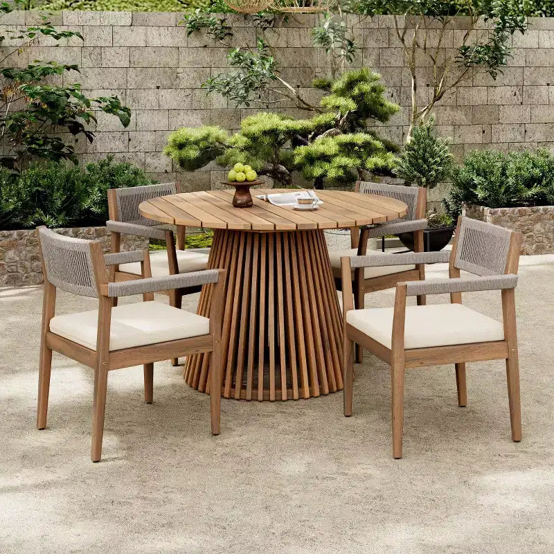 Round Pedestal Outdoor Dining Set, 5-Piece Acacia Wood Table with Slatted Top and 4 Woven Back Chairs with Cushions for Patio-Panipeachy