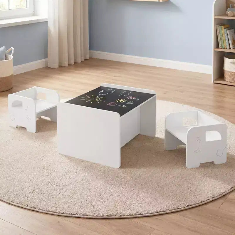 Costway Ensemble Table et 2 Chaises Enfants 3 Pièces, Table Enfant Gain de Place et 2 Chaises, Blanc/Gris/Naturel/Gris + Beige