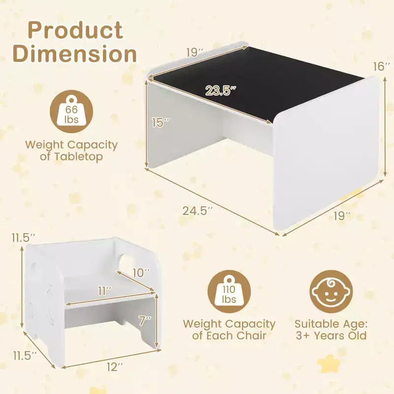 Costway Ensemble Table et 2 Chaises Enfants 3 Pièces, Table Enfant Gain de Place et 2 Chaises, Blanc/Gris/Naturel/Gris + Beige