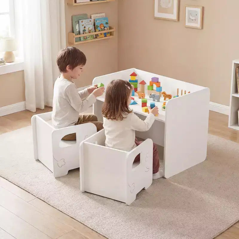 Costway Ensemble Table et 2 Chaises Enfants 3 Pièces, Table Enfant Gain de Place et 2 Chaises, Blanc/Gris/Naturel/Gris + Beige