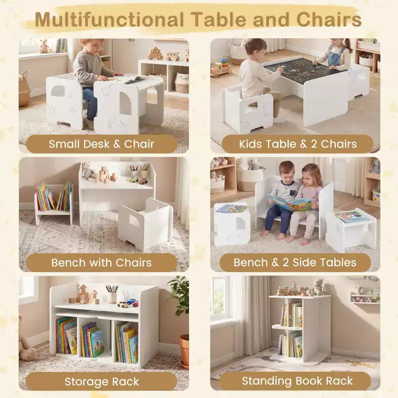 Costway Ensemble Table et 2 Chaises Enfants 3 Pièces, Table Enfant Gain de Place et 2 Chaises, Blanc/Gris/Naturel/Gris + Beige