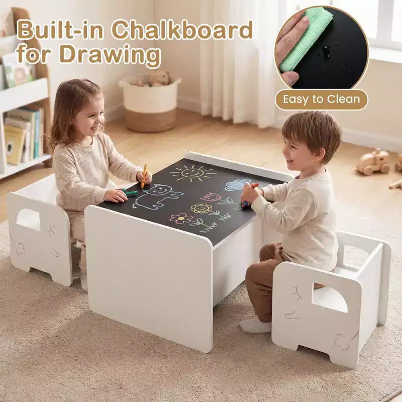 Costway Ensemble Table et 2 Chaises Enfants 3 Pièces, Table Enfant Gain de Place et 2 Chaises, Blanc/Gris/Naturel/Gris + Beige