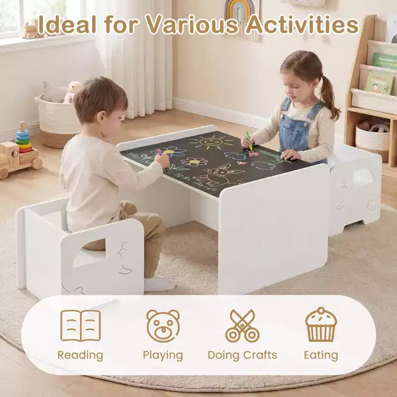 Costway Ensemble Table et 2 Chaises Enfants 3 Pièces, Table Enfant Gain de Place et 2 Chaises, Blanc/Gris/Naturel/Gris + Beige