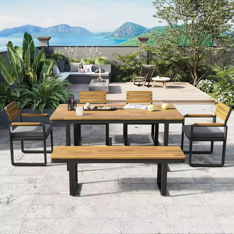 ModernLuxe Ensemble repas d'extérieur 6 pièces pour 6-7 personnes, Ensemble mobilier de jardin Table et chaises de salle à manger avec coussins et cadre résistant aux intempéries