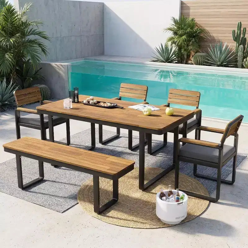 ModernLuxe Ensemble repas d'extérieur 6 pièces pour 6-7 personnes, Ensemble mobilier de jardin Table et chaises de salle à manger avec coussins et cadre résistant aux intempéries