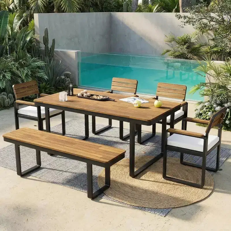 ModernLuxe Ensemble repas d'extérieur 6 pièces pour 6-7 personnes, Ensemble mobilier de jardin Table et chaises de salle à manger avec coussins et cadre résistant aux intempéries
