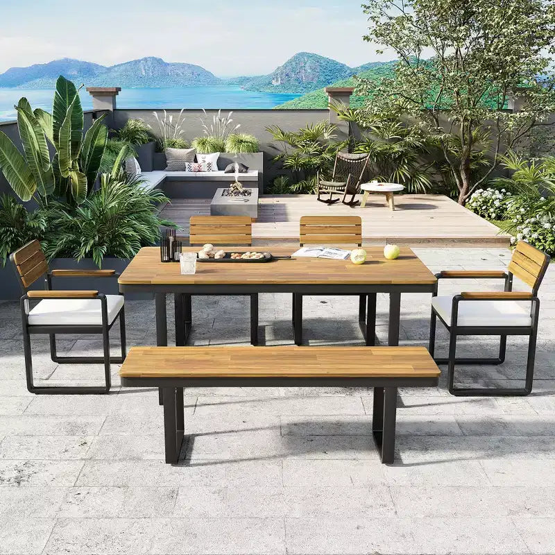 ModernLuxe Ensemble repas d'extérieur 6 pièces pour 6-7 personnes, Ensemble mobilier de jardin Table et chaises de salle à manger avec coussins et cadre résistant aux intempéries