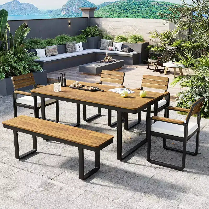 ModernLuxe 6pcs Outdoor Dining Set for 6-7, Patio Furniture Set Garden Dining Table&Chair Set with Cushions & Weather-Resistant Frame