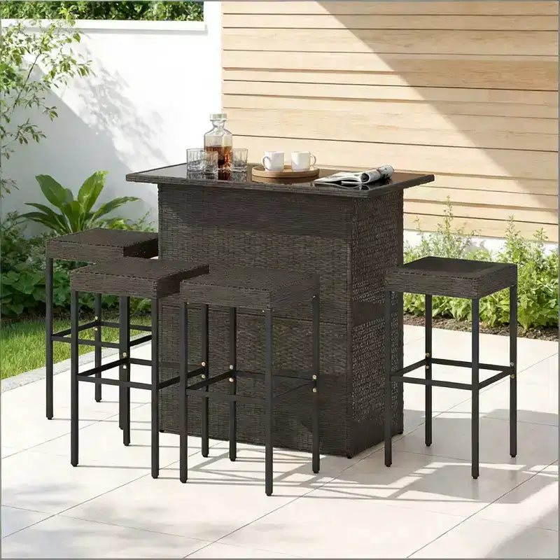 GDFStudio Jana, ensemble de bar d'extérieur moderne de 5 pièces en métal et rotin PE avec plateau de table en verre trempé