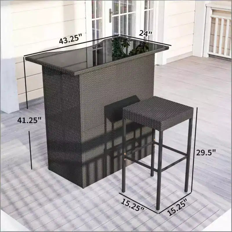 GDFStudio Jana, ensemble de bar d'extérieur moderne de 5 pièces en métal et rotin PE avec plateau de table en verre trempé