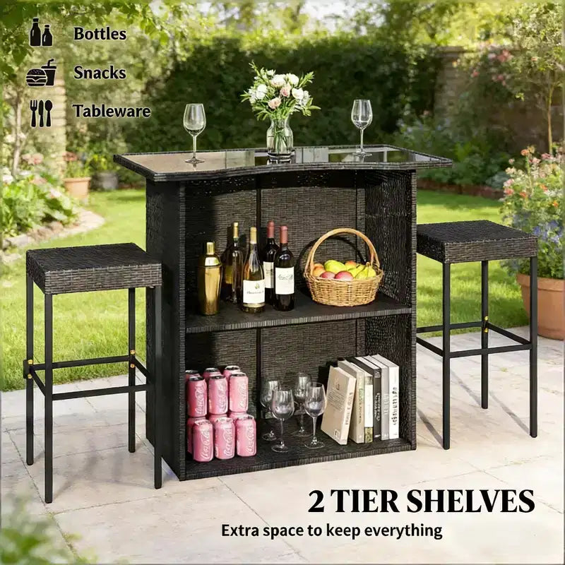 GDFStudio Jana, ensemble de bar d'extérieur moderne de 5 pièces en métal et rotin PE avec plateau de table en verre trempé