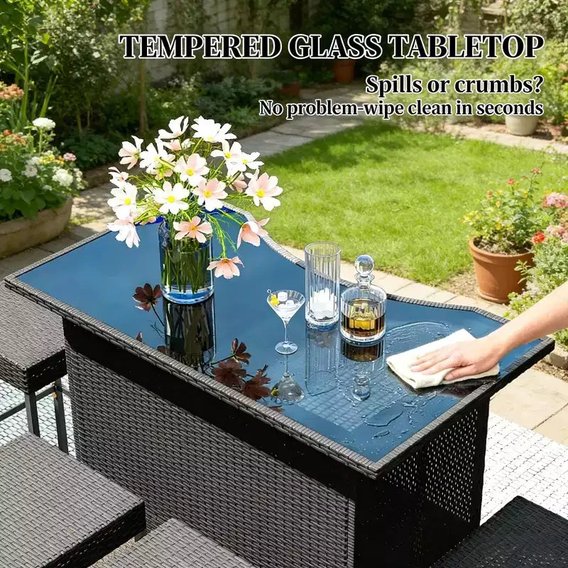 GDFStudio Jana, ensemble de bar d'extérieur moderne de 5 pièces en métal et rotin PE avec plateau de table en verre trempé
