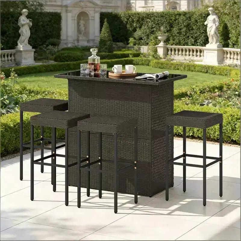 GDFStudio Jana, ensemble de bar d'extérieur moderne de 5 pièces en métal et rotin PE avec plateau de table en verre trempé