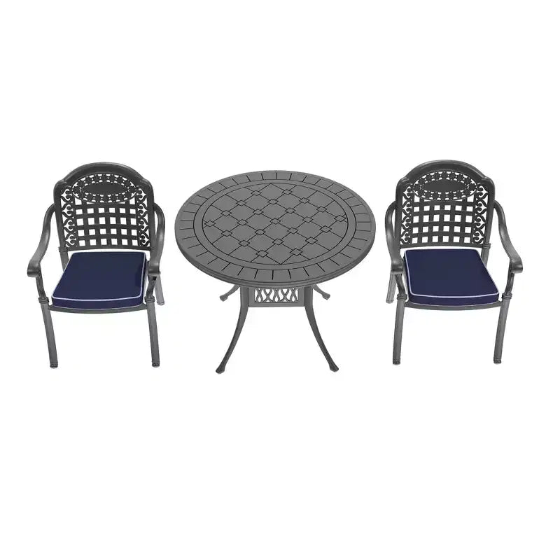 Ensemble de salle à manger d'extérieur 3 pièces en fonte d'aluminium, cadre noir résistant à la rouille avec coussins résistants à l'eau