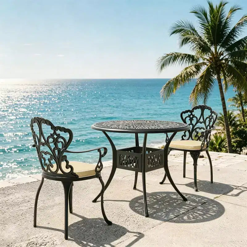 3-Piece Cast Aluminum Patio Dining Set, Black Rust Resistant Frame with Water Resistant Cushions