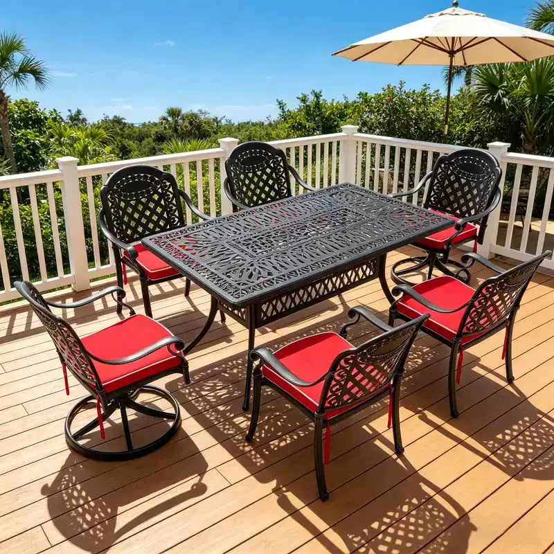 7-Piece Cast Aluminum Patio Dining Set, Rectangular Table with Cushions