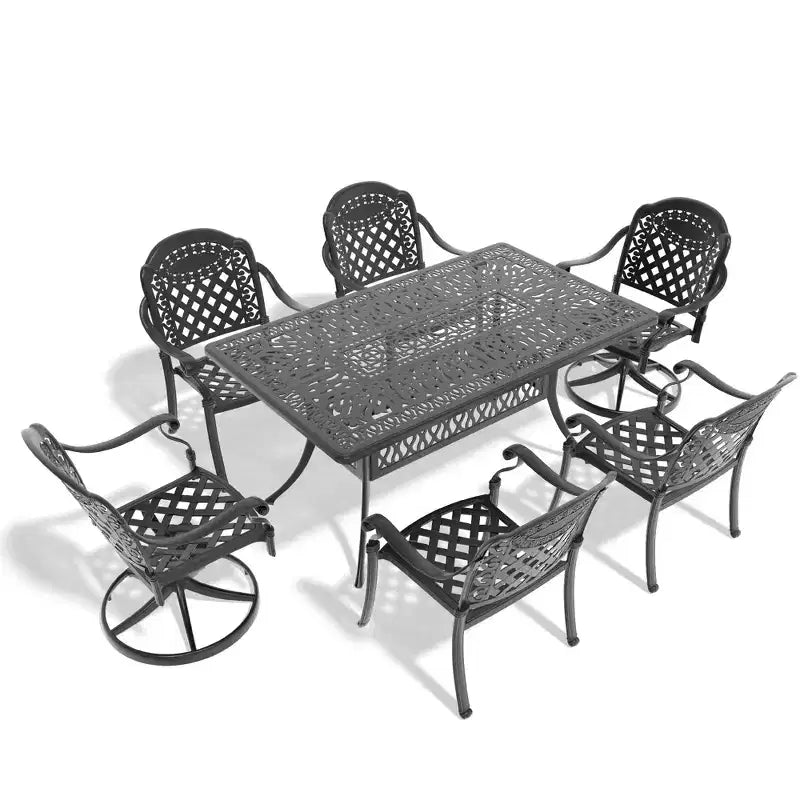 Ensemble de salle à manger d'extérieur 7 pièces en aluminium coulé, table rectangulaire avec coussins
