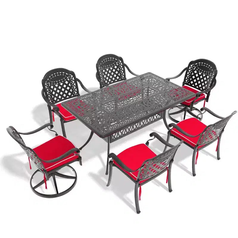 Ensemble de salle à manger d'extérieur 7 pièces en aluminium coulé, table rectangulaire avec coussins
