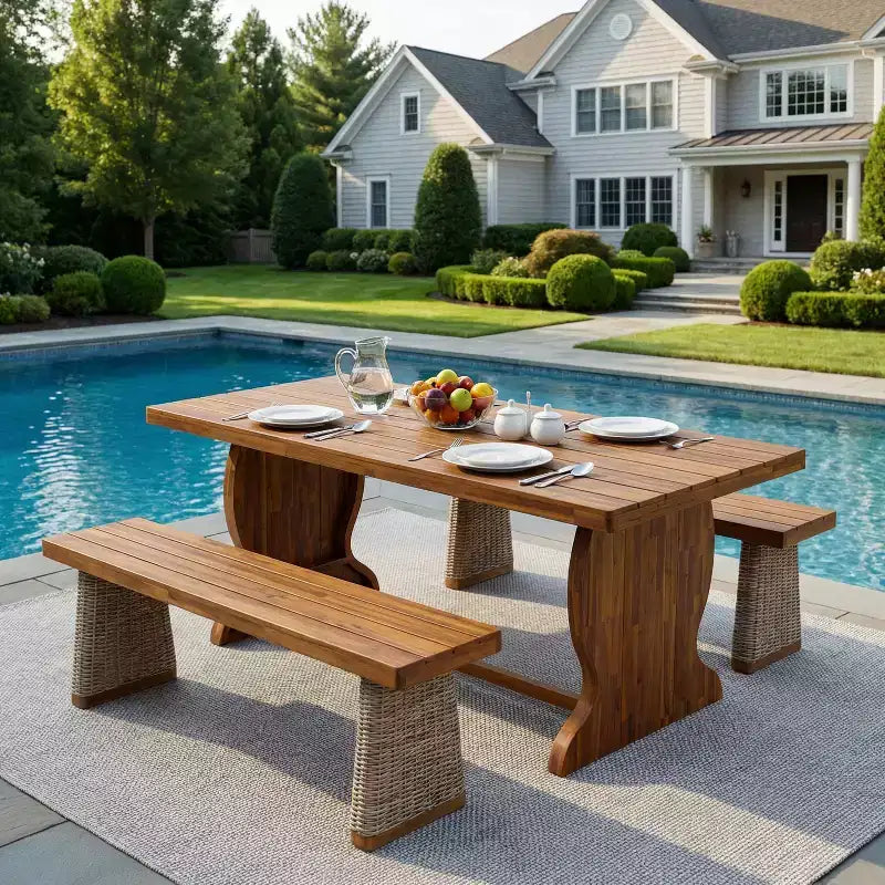 Christopher Knight Home Clara Rustic 3 Piece Acacia Patio Dining Set with Rattan Weave Benches
