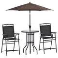 4-Piece Outdoor Patio Dining Set with Wave-Textured Tempered Glass Table, 2 Folding Chairs & Adjustable Angle Umbrella for Patio Garden - Black