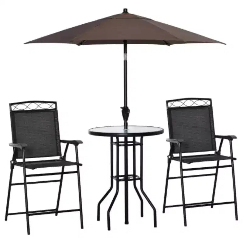 4-Piece Outdoor Patio Dining Set with Wave-Textured Tempered Glass Table, 2 Folding Chairs & Adjustable Angle Umbrella for Patio Garden - Black