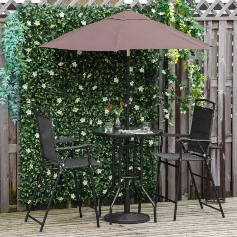 Ensemble de salle à manger d'extérieur 4 pièces avec table en verre trempé texturé vague, 2 chaises pliantes et parasol inclinable pour jardin ou terrasse - Noir
