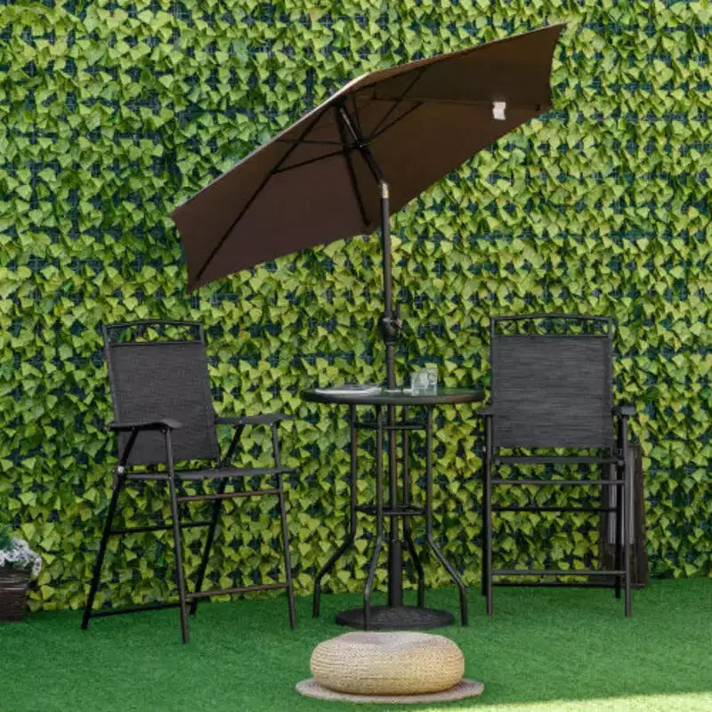 Ensemble de salle à manger d'extérieur 4 pièces avec table en verre trempé texturé vague, 2 chaises pliantes et parasol inclinable pour jardin ou terrasse - Noir