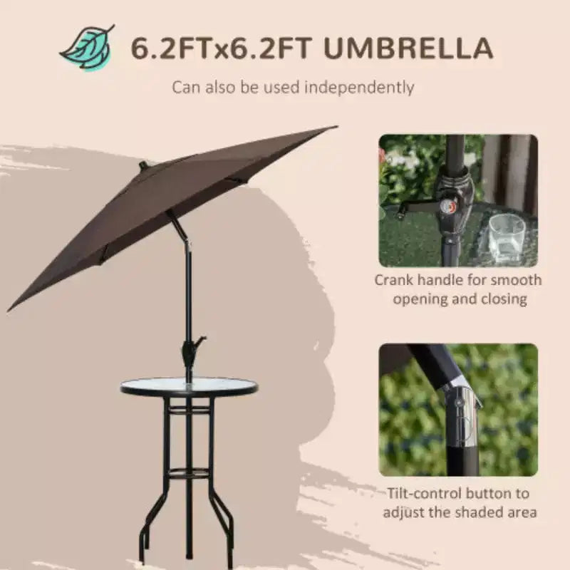 Ensemble de salle à manger d'extérieur 4 pièces avec table en verre trempé texturé vague, 2 chaises pliantes et parasol inclinable pour jardin ou terrasse - Noir